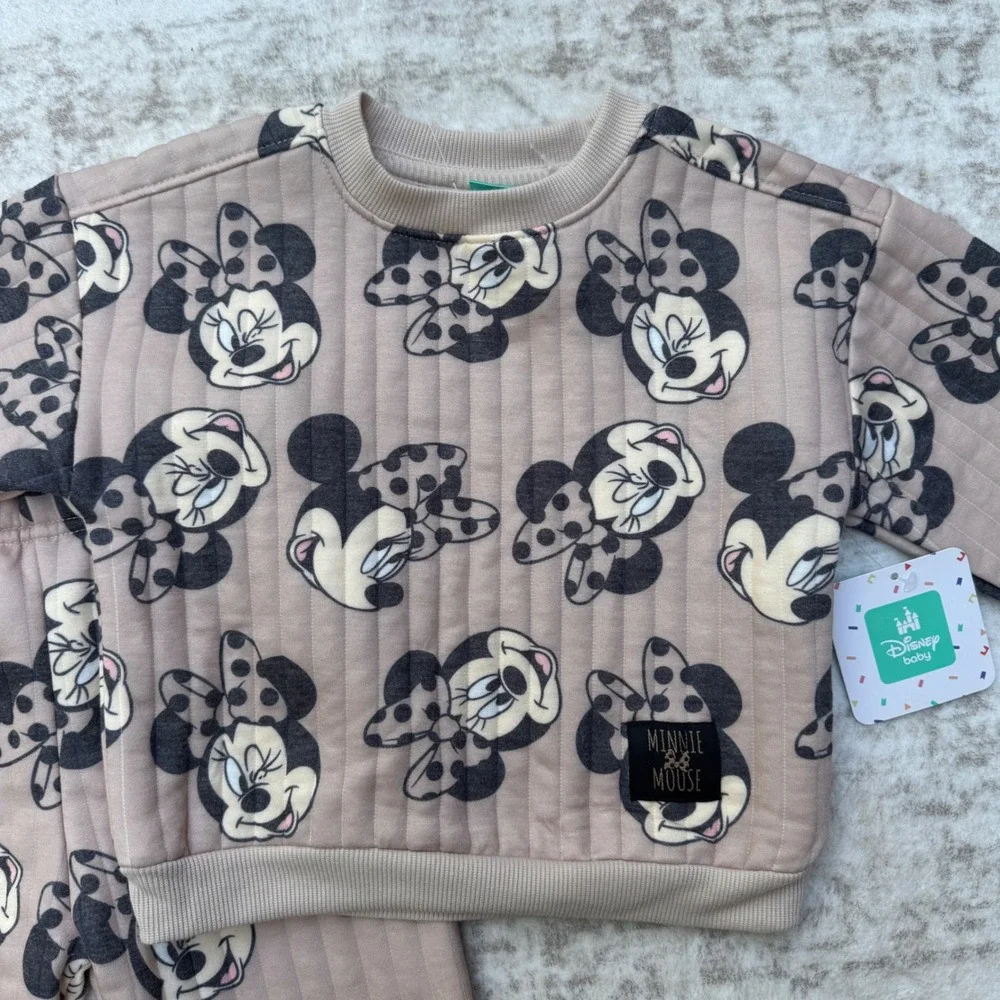 Disney Baby Minnie Mouse 2-Piece Quilted Set 24M Tan Black Sweatshirt Joggers